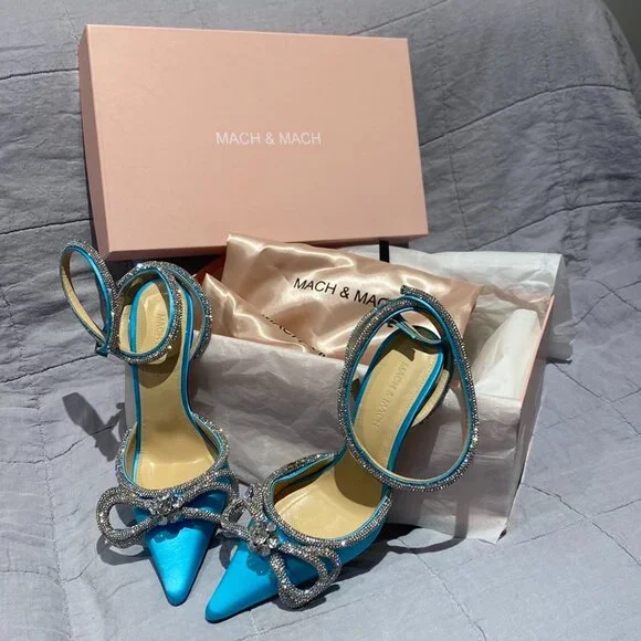 MACH & MACH Double Bow Satin Pumps - Ocean Blue - Picture 2 of 8